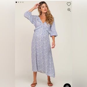 Pinkblush Blue Floral Ruffle V-Neck Midi Dress (bump friendly)